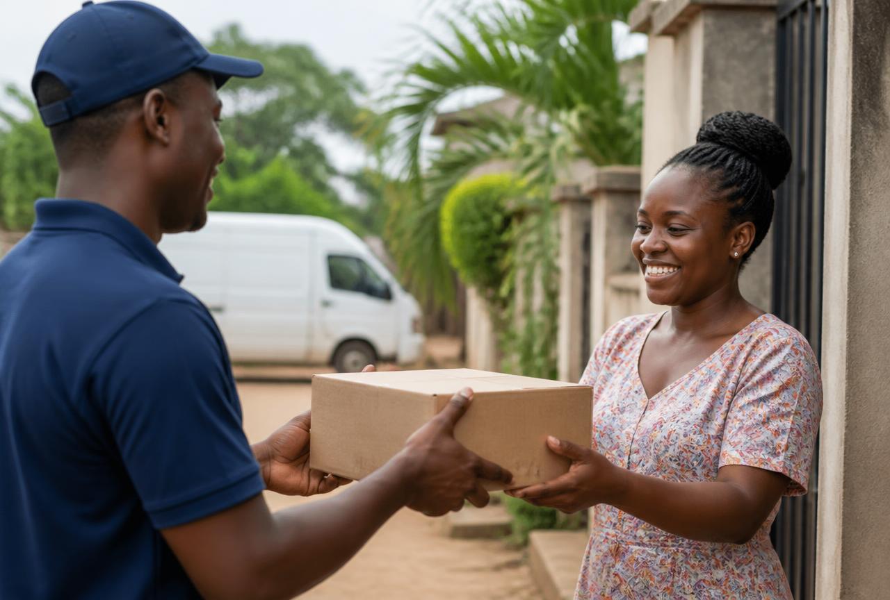 TekPro courier delivering a sealed electronics parcel to a customer