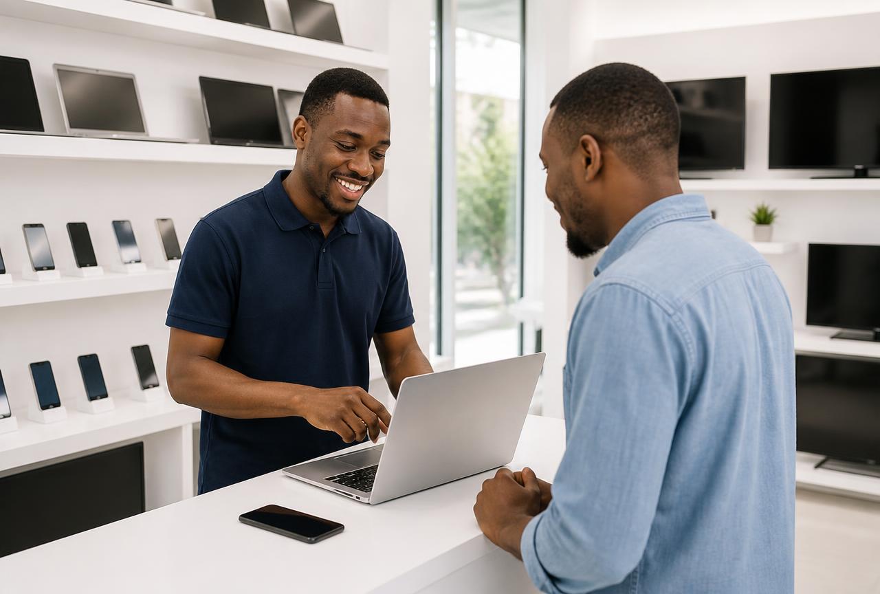 TekPro team member helping a customer choose a laptop in store